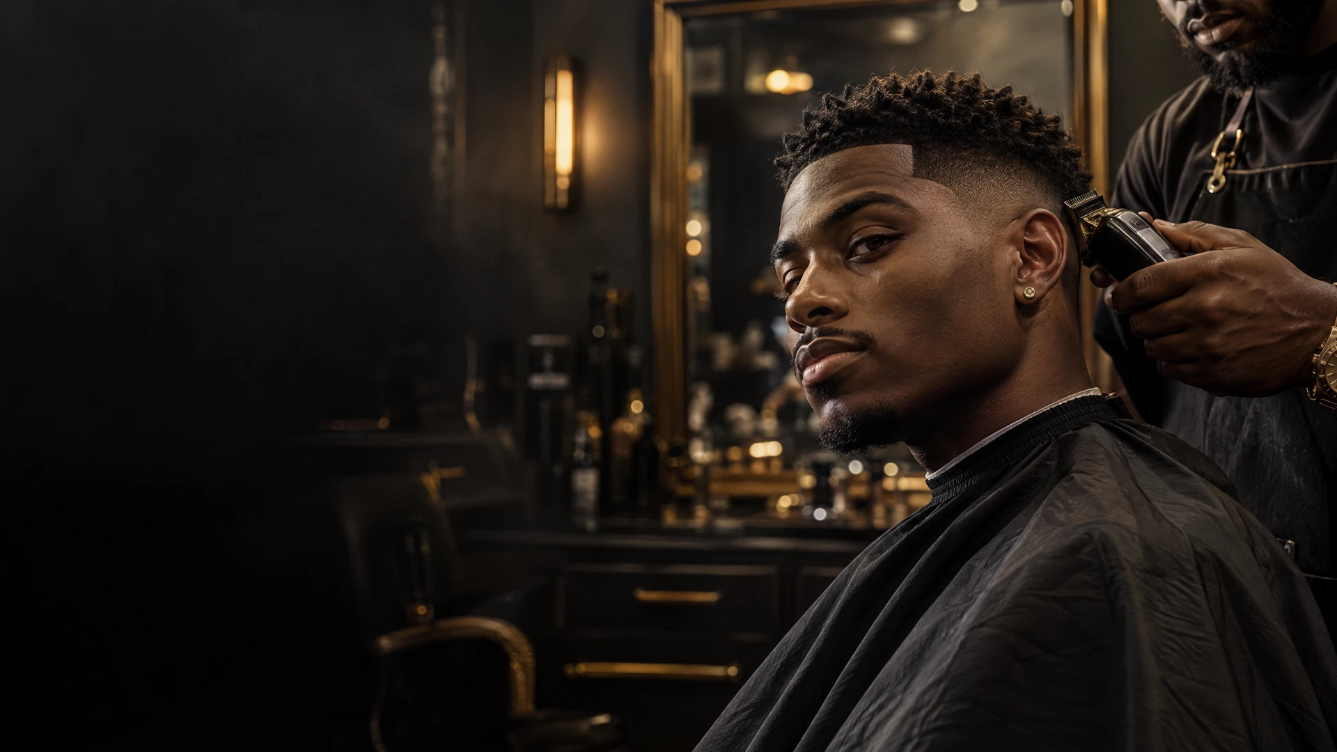 A barber instructor and student focused on a precise fade in a modern shop