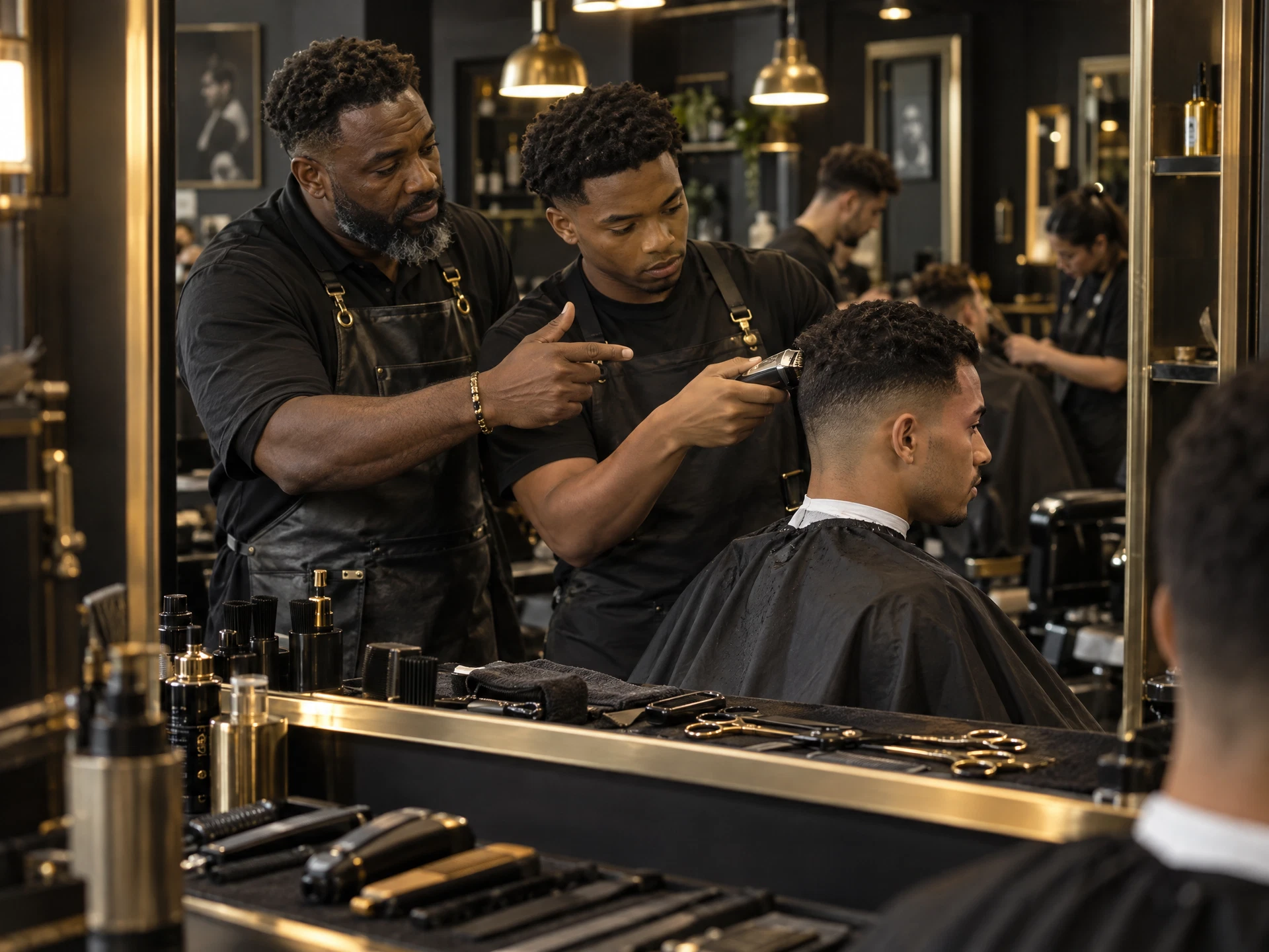 A barber instructor guiding a student through hands-on practice